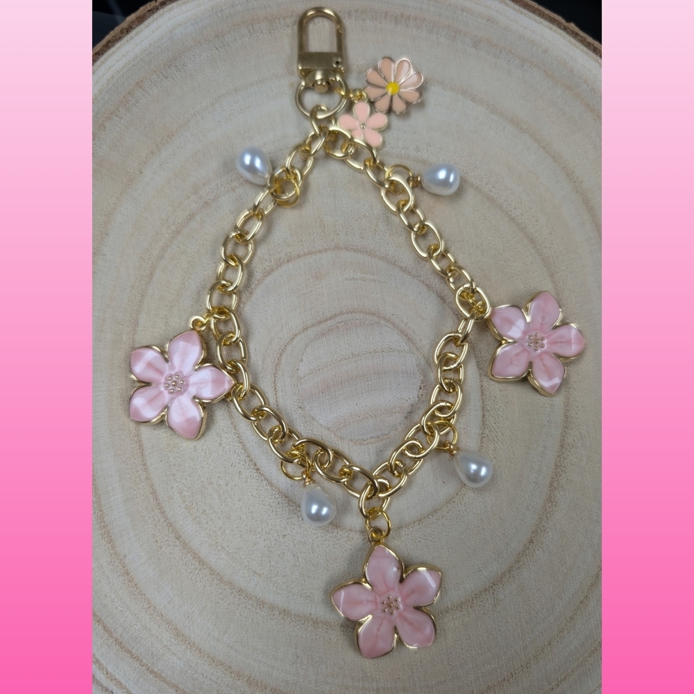 Spring Floral Pearl Phone Wristlet Charm Bracelet • Pink Flower Gold Chain Strap